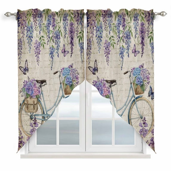 Purple Flowers Swag Valances for Windows 2 Pack, Kitchen Window Curtains 36 Inch Length, Weeping Spring Floral Bicycle Retro Art Privacy Swag Curtains for Living Room/Bathroom with Rod Pocket 36"x36"