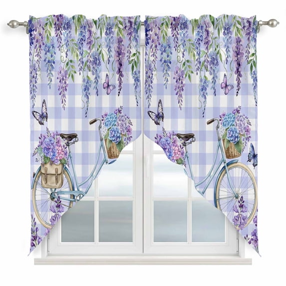 Purple Flowers Swag Valances for Windows, Kitchen Window Curtains Over Sink, Weeping Spring Floral Bicycle Checkered Window Treatment Curtains for Living Room/Bedroom Curtains 2 Panel Sets 36"x45"