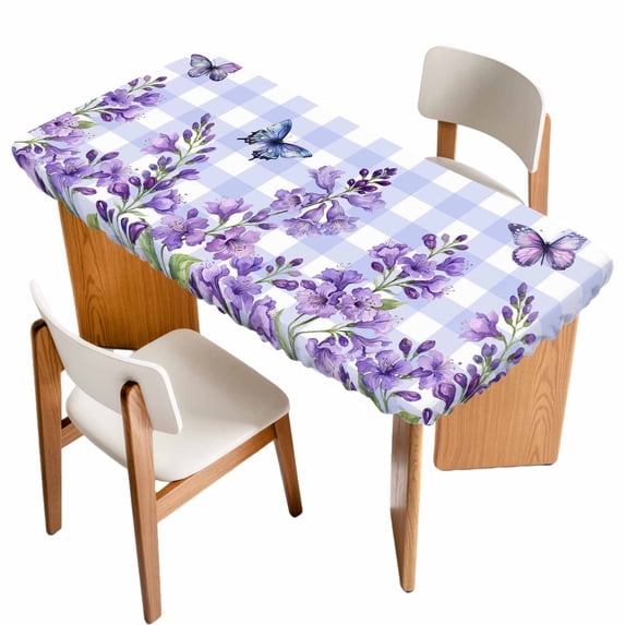 Purple Flowers Table Cloths for 3 Foot Rectangle Tables, Butterfly Spring Floral Checkered Farmhouse Patio Waterproof Elastic Fitted Tablecloths, Washable Rectangular Table Cover for Camping