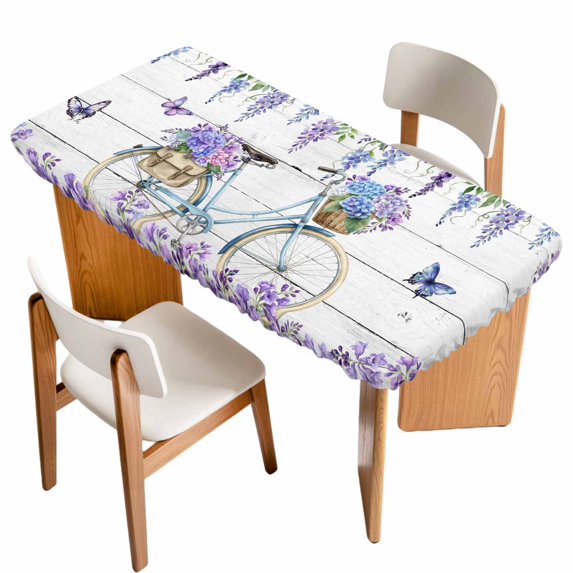 Purple Flowers Table Cloths for 3 Foot Rectangle Tables, Weeping Spring Floral Bicycle Wooden Patio Waterproof Elastic Fitted Tablecloths, Washable Rectangular Table Cover for Camping