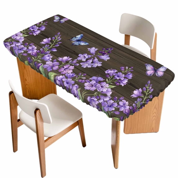 Purple Flowers Table Cloths for 4 Foot Rectangle Tables, Butterfly Spring Floral Wooden Farmhouse Patio Waterproof Elastic Fitted Tablecloths, Washable Rectangular Table Cover for Camping