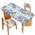 thumbnail image 1 of Purple Flowers Table Cloths for 4 Foot Rectangle Tables, Spring Floral Leaves Plants Blue Plaid Patio Waterproof Elastic Fitted Tablecloths, Washable Rectangular Table Cover for Camping, 1 of 8