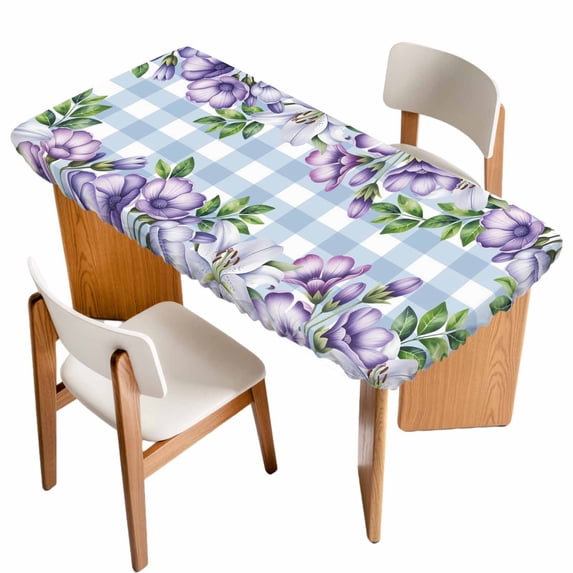 Purple Flowers Table Cloths for 4 Foot Rectangle Tables, Spring Floral Leaves Plants Blue Plaid Patio Waterproof Elastic Fitted Tablecloths, Washable Rectangular Table Cover for Camping