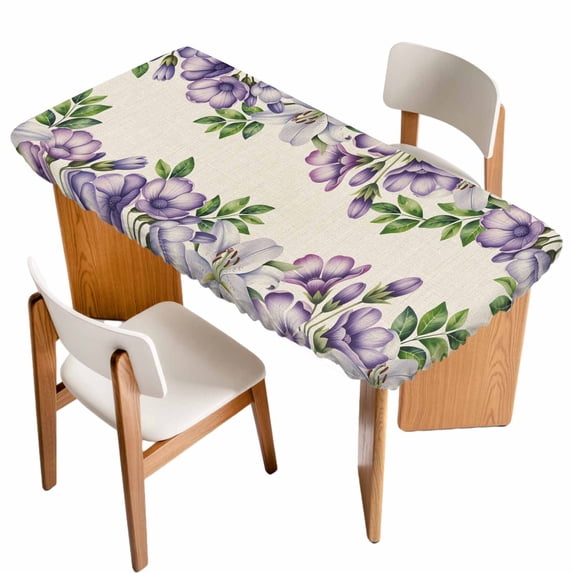 Purple Flowers Table Cloths for 4 Foot Rectangle Tables, Spring Leaves Floral Plants Beige Patio Waterproof Elastic Fitted Tablecloths, Washable Rectangular Table Cover for Camping