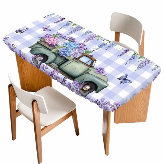 Purple Flowers Table Cloths for 4 Foot Rectangle Tables, Weeping Spring Floral Truck Butterfly Checkered Patio Waterproof Elastic Fitted Tablecloths, Washable Rectangular Table Cover for Camping