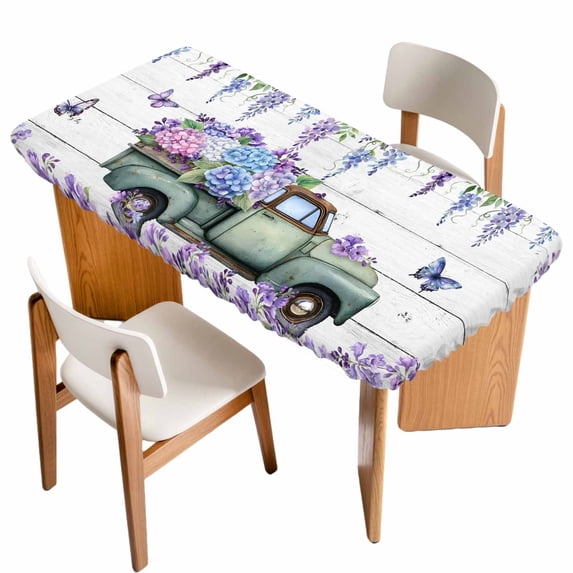 Purple Flowers Table Cloths for 4 Foot Rectangle Tables, Weeping Spring Floral Truck Butterfly Wooden Patio Waterproof Elastic Fitted Tablecloths, Washable Rectangular Table Cover for Camping
