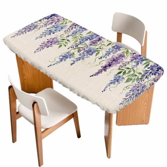 Purple Flowers Table Cloths for 5 Foot Rectangle Tables, Weeping Spring Floral Rustic Pastoral Patio Waterproof Elastic Fitted Tablecloths, Washable Rectangular Table Cover for Camping