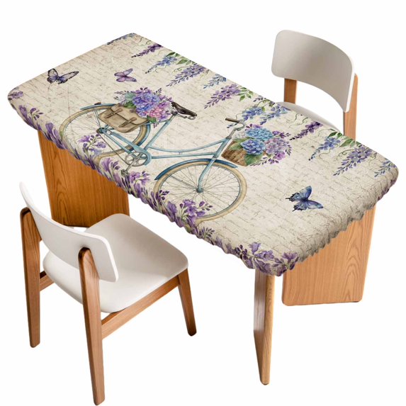 Purple Flowers Table Cloths for 6 Foot Rectangle Tables, Weeping Spring Floral Bicycle Retro Art Patio Waterproof Elastic Fitted Tablecloths, Washable Rectangular Table Cover for Camping