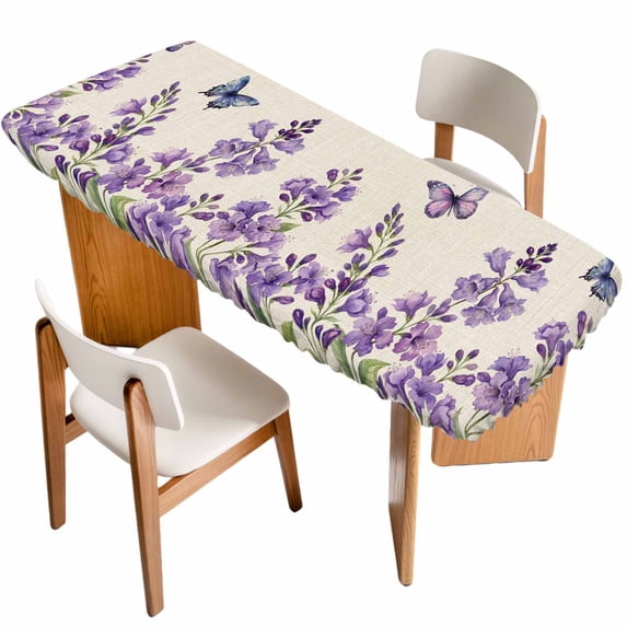 Purple Flowers Table Cloths for 8 Foot Rectangle Tables, Butterfly Spring Floral Rustic Farmhouse Patio Waterproof Elastic Fitted Tablecloths, Washable Rectangular Table Cover for Camping