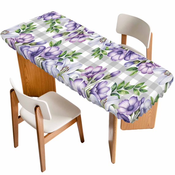 Purple Flowers Table Cloths for 8 Foot Rectangle Tables, Spring Floral Leaves Plants Gray Plaid Patio Waterproof Elastic Fitted Tablecloths, Washable Rectangular Table Cover for Camping