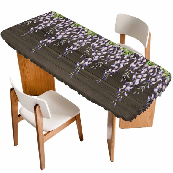 Purple Flowers Table Cloths for 8 Foot Rectangle Tables, Weeping Spring Floral Wooden Pastoral Patio Waterproof Elastic Fitted Tablecloths, Washable Rectangular Table Cover for Camping