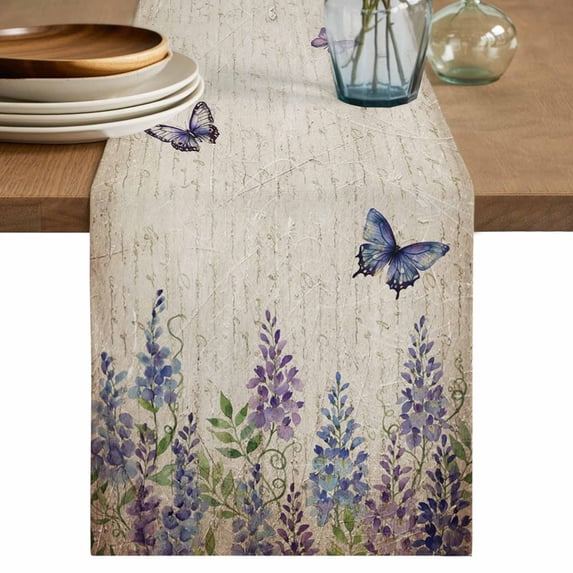 Purple Flowers Table Runner 108 Inches, Weeping Spring Floral Bicycle Retro Art Bed Runner Dresser Scarves Tabletop for Indoor Outdoor Parties/Ceremony/Banquet, 13"x 108"