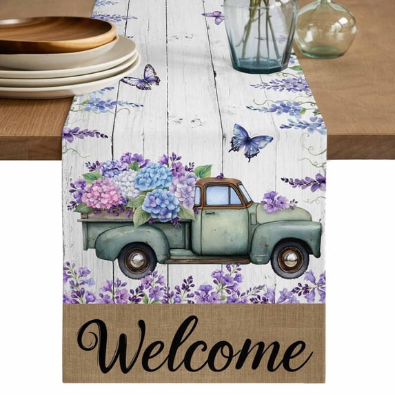Purple Flowers Table Runner 108 Inches, Weeping Spring Floral Truck Butterfly Wooden Bed Runner Dresser Scarves Tabletop for Indoor Outdoor Parties/Ceremony/Banquet, 13"x 108"