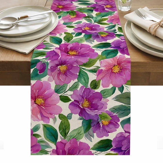Purple Flowers Table Runner - 120 Inch Long, Kitchen Dining Table Runner Dresser Scarves, Spring Watercolor Floral Leaves Botanical Beige Farmhouse Decor for Coffee Tables Wedding Party Banquet