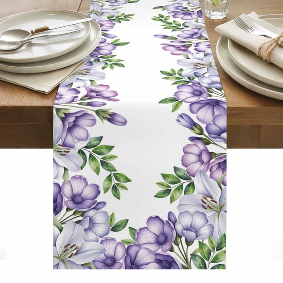 Purple Flowers Table Runner - 36 Inch Long, Kitchen Dining Table Runner Dresser Scarves, Spring Watercolor Floral Leaves Plants Farmhouse Decor for Coffee Tables Wedding Party Banquet