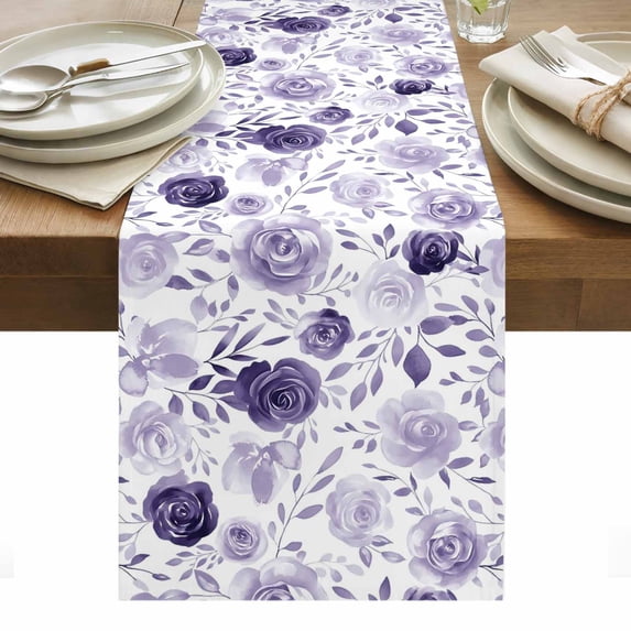 Purple Flowers Table Runner - 36 Inch Long, Kitchen Dining Table Runner Dresser Scarves, Watercolor Farmhouse Botanical Floral Leaf Farmhouse Decor for Coffee Tables Wedding Party Banquet