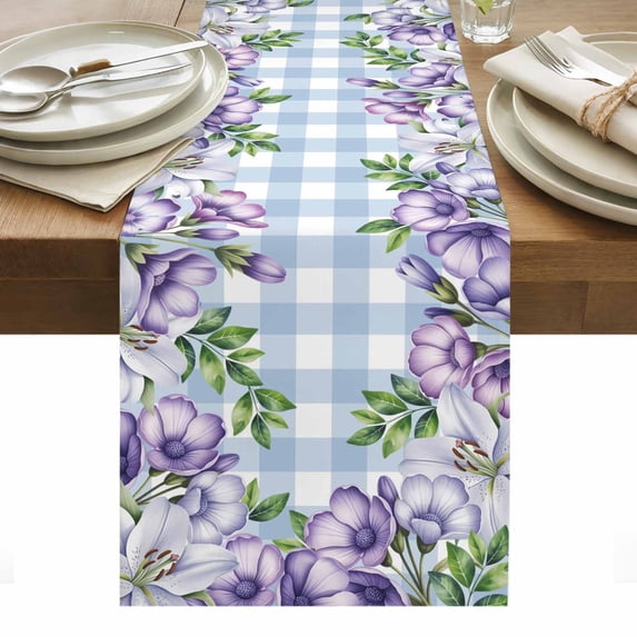 Purple Flowers Table Runner - 72 Inch Long, Kitchen Dining Table Runner Dresser Scarves, Spring Floral Leaves Plants Blue Plaid Farmhouse Decor for Coffee Tables Wedding Party Banquet