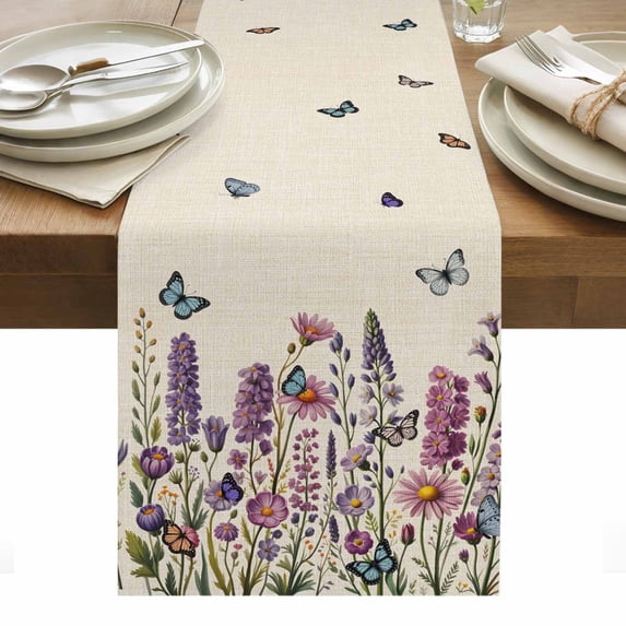 Purple Flowers Table Runner - 90 Inch Long, Kitchen Dining Table Runner Dresser Scarves, Spring Butterflies Lavender Daisy Beige Farmhouse Decor for Coffee Tables Wedding Party Banquet