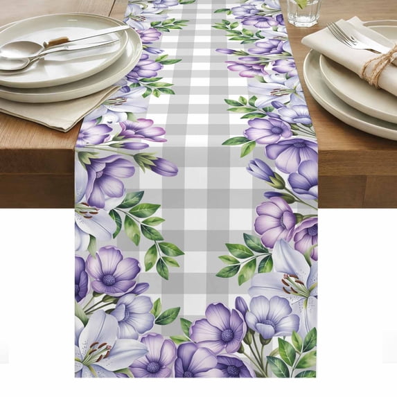 Purple Flowers Table Runner - 90 Inch Long, Kitchen Dining Table Runner Dresser Scarves, Spring Floral Leaves Plants Gray Plaid Farmhouse Decor for Coffee Tables Wedding Party Banquet