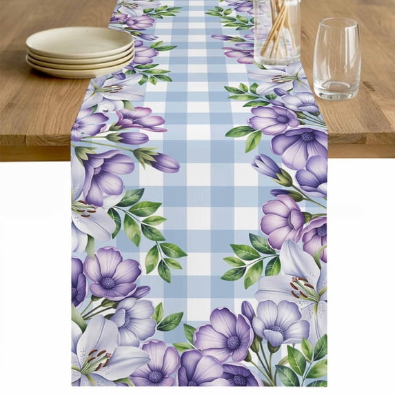 Purple Flowers Table Runner - 90 Inch Long Spring Floral Leaves Plants Blue Plaid Cotton and Linen Blended Dress Scarves Farmhouse Table Runner for Kitchen Dining, Coffee Table, 13" x 90"