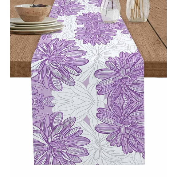 Purple Flowers Table Runner Cotton Linen 36 Inch Holiday Dresser Scarves, Modern Simple Spring Garden Florals Tablerunner for Kitchen Coffee Dining Bedroom Living Room Dinner Scarf Décor 13''x36''