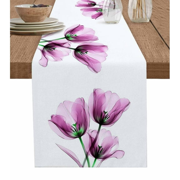 Purple Flowers Table Runner Cotton Linen 60 Inch Holiday Dresser Scarves, Minimalism Botanical Tulip Floral Plants Tablerunner for Kitchen Coffee Dining Bedroom Dinner Scarf Décor 13''x60''