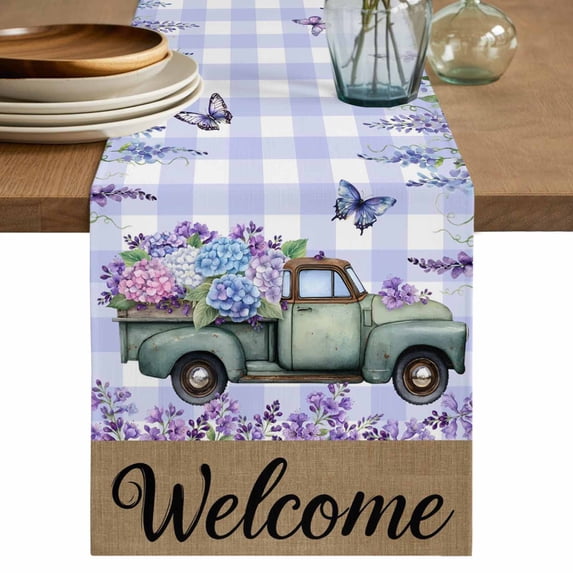 Purple Flowers Table Runner, Weeping Spring Floral Truck Butterfly Checkered Washable Cotton Linen Table Runners 48 Inches Long, Dresser Scarf Runner for Nightstand/Coffee/End Tables 13''x48''