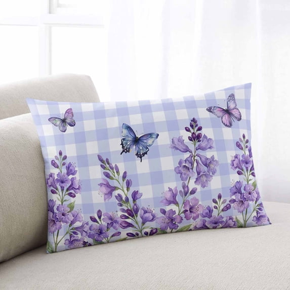 Purple Flowers Throw Pillow Covers, Butterfly Spring Floral Checkered Farmhouse Soft Breathable Pillow Cases with Invisible Zipper, Toddler Pillowcases for Couch Bed Sofa Chair 12x20 Inches