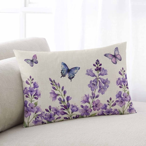 Purple Flowers Throw Pillow Covers, Butterfly Spring Floral Rustic Farmhouse Soft Breathable Pillow Cases with Invisible Zipper, Queen Size Pillowcases for Couch Bed Sofa Chair 20x30 Inches
