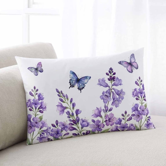 Purple Flowers Throw Pillow Covers, Butterfly Spring Floral Watercolor Farmhouse Soft Breathable Pillow Cases with Invisible Zipper, Toddler Pillowcases for Couch Bed Sofa Chair 12x20 Inches