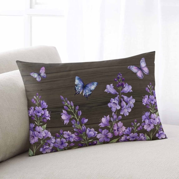 Purple Flowers Throw Pillow Covers, Butterfly Spring Floral Wooden Farmhouse Soft Breathable Pillow Cases with Invisible Zipper, Standard Pillowcases for Couch Bed Sofa Chair 20x26 Inches