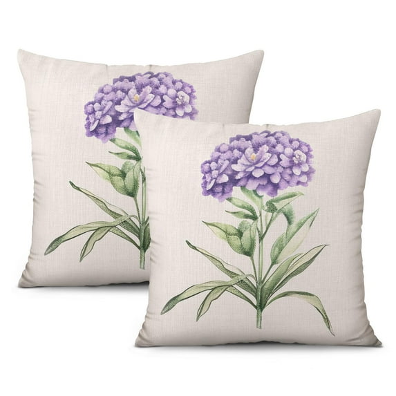 Purple Flowers Throw Pillow Covers, Farmhouse Floral Throw Pillow Covers 18 X 18 Inch, Set Of 2, Linen Study Sofa Cushion Cover Indoor Living Room Home Decor