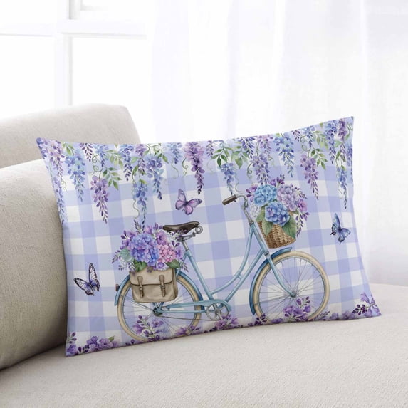 Purple Flowers Throw Pillow Covers, Weeping Spring Floral Bicycle Checkered Soft Breathable Pillow Cases with Invisible Zipper for Sleeping, Toddler Pillowcases for Couch Bed Sofa Chair 12x20 Inches