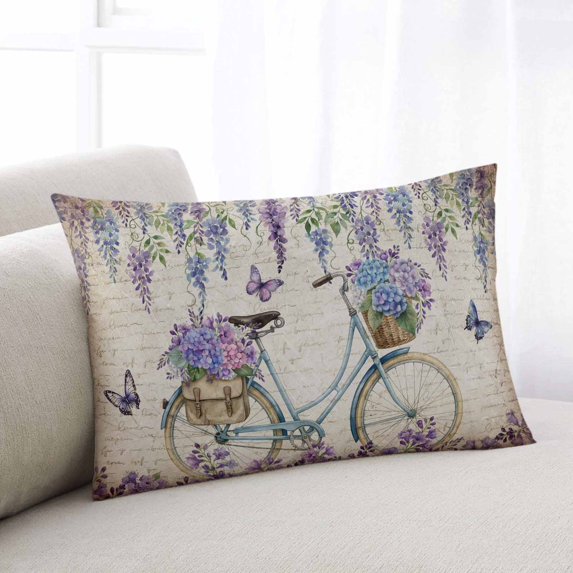 Purple Flowers Throw Pillow Covers, Weeping Spring Floral Bicycle Retro Art Soft Breathable Pillow Cases with Invisible Zipper for Sleeping, Small Pillowcases for Couch Bed Sofa Chair 16x24 Inches