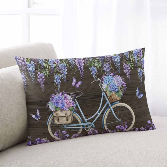 Purple Flowers Throw Pillow Covers, Weeping Spring Floral Bicycle Wooden Farmhouse Soft Breathable Pillow Cases with Invisible Zipper, Small Pillowcases for Couch Bed Sofa Chair 16x24 Inches