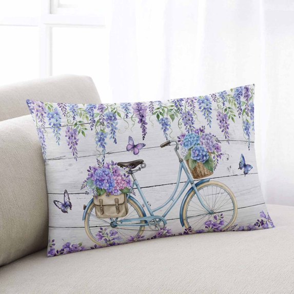 Purple Flowers Throw Pillow Covers, Weeping Spring Floral Bicycle Wooden Soft Breathable Pillow Cases with Invisible Zipper for Sleeping, Queen Size Pillowcases for Couch Bed Sofa Chair 20x30 Inches
