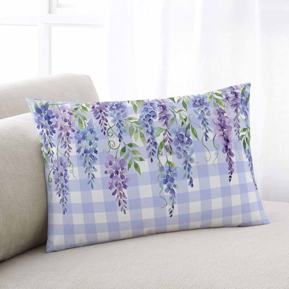 Purple Flowers Throw Pillow Covers, Weeping Spring Floral Checkered Pastoral Soft Breathable Pillow Cases with Invisible Zipper for Sleeping, Toddler Pillowcases for Couch Bed Sofa Chair 12x20 Inches