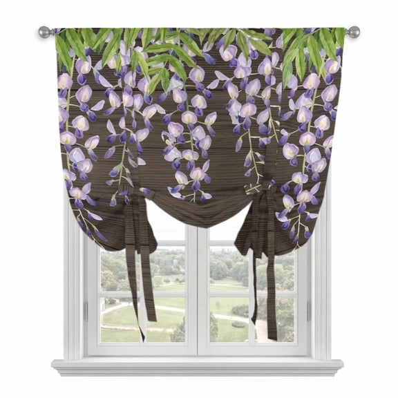 Purple Flowers Tie Up Curtains for Windows, Adjustable Balloon Window Shades, Weeping Spring Floral Wooden Pastoral Kitchen Window Treatments Adjustable Roll Up Curtain for Basement/Nursery 52"x45"