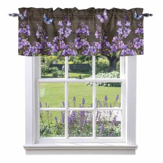 Purple Flowers Valance Curtain for Windows Spring Watercolor Butterfly Brown Wood Grain Rod Pocket Curtain Valances Short Window Treatments Panels for Kitchen Bathroom Laundry Basement 60 x 14 Inch