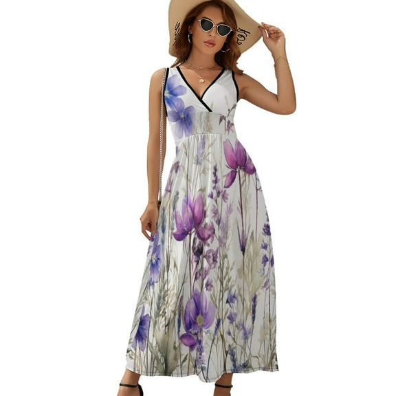 Purple Flowers Wildflowers Dress Fashion Boho Beach Long Dresses Female Party Printed Maxi Dress