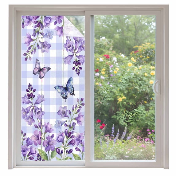 Purple Flowers Window Privacy Film, Butterfly Spring Floral Checkered Farmhouse Static Cling UV Sun Blocking Heat Control Window Tint Day and Night, Non-Adhesive One Way Privacy Cover 35.4''x78.7''