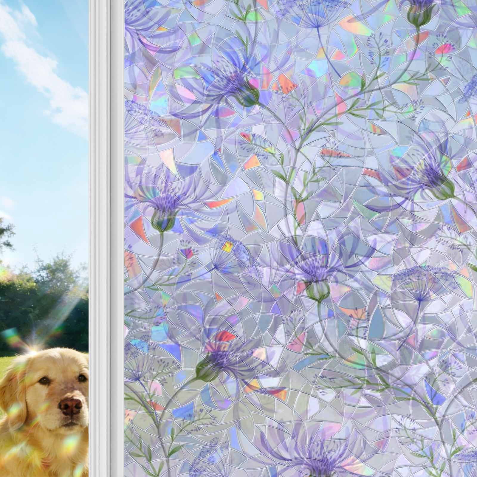 Purple Flowers Window Privacy Film Stain Glass,Reusable Decorative Rainbow Window Film,Botanical Florals Plants Country Aesthetic Static Cling Sun Blocking Stickers Decals Covers 23.6" x 59" (2pcs)
