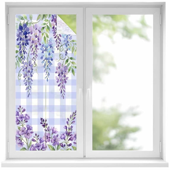 Purple Flowers Window Privacy Film, Weeping Spring Floral Checkered Pastoral Static Cling UV Sun Blocking Heat Control Window Tint Day and Night, Non-Adhesive One Way Privacy Cover 17.7''x39.3''