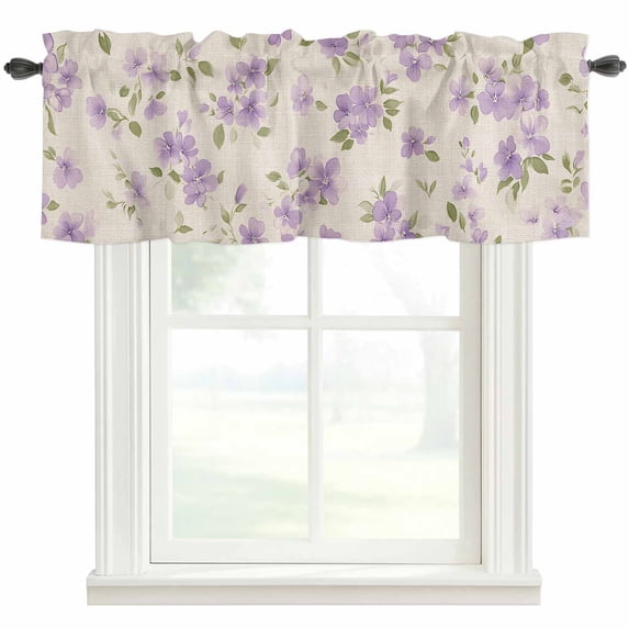 Purple Flowers Window Valance Curtain Spring Flowers Pastoral Rod Pocket Short Curtain for Living Room, Bedroom & Kitchen Window Decor 42x18in
