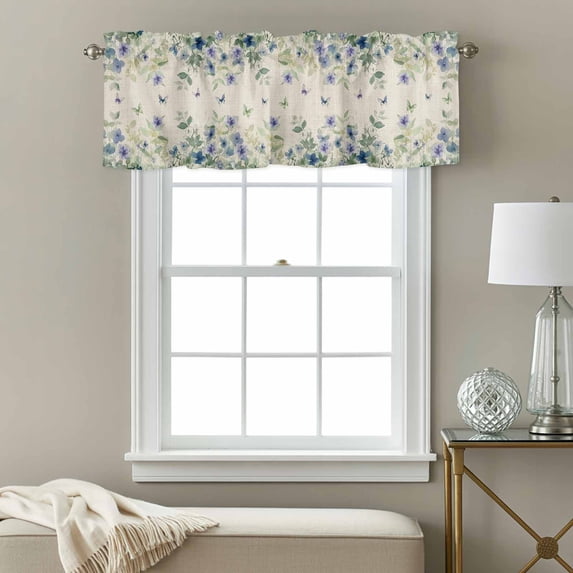 Purple Flowers Window Valance for Kitchen, Butterfly Watercolor Leaf Linen Rod Pocket Short Curtain for Small Windows, Light Filtering Decorative Valance, 60 x 18 Inch, 1 Panel