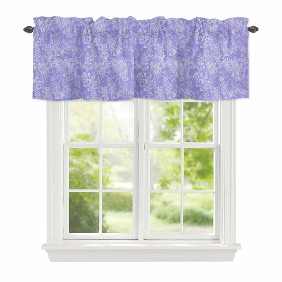 Purple Flowers Window Valance for Kitchen, Spring Lavender Abstract Floral Leaf Botanical Rod Pocket Short Curtain for Small Windows, Light Filtering Decorative Valance, 42 x 18 Inch