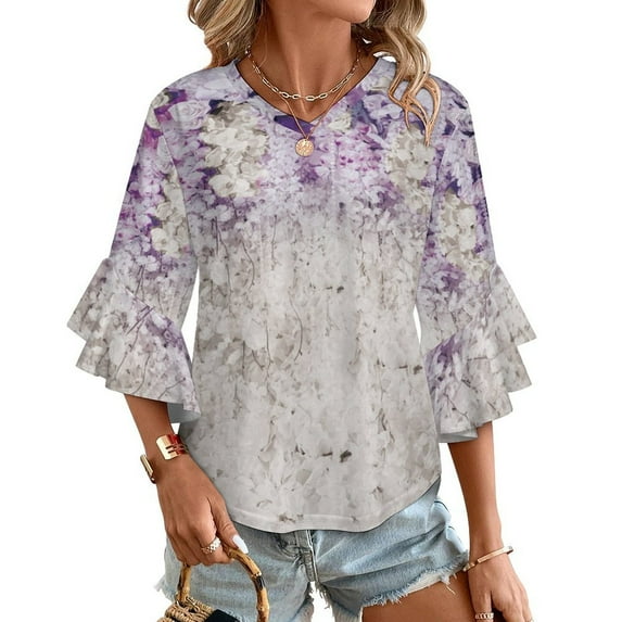 Purple Flowers Women's V-Neck Blouse With 3/4 Ruffled Bell Sleeves Casual Top Ladies Blouses