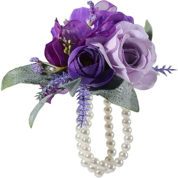 Purple Flowers Wrist Corsage for Wedding Prom, Artificial Lilac Wrist Flower Groom and Groomsmen Hand Flower Bracelet for Wedding Ceremony Party