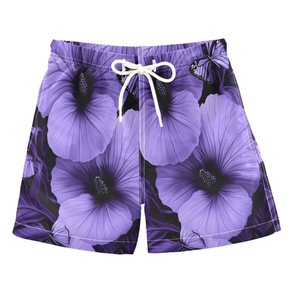 Purple Flowers and Butterflies Boys' Swim Trunks Beach Pool Shorts Quick Dry Soft Fabric Classic Fit