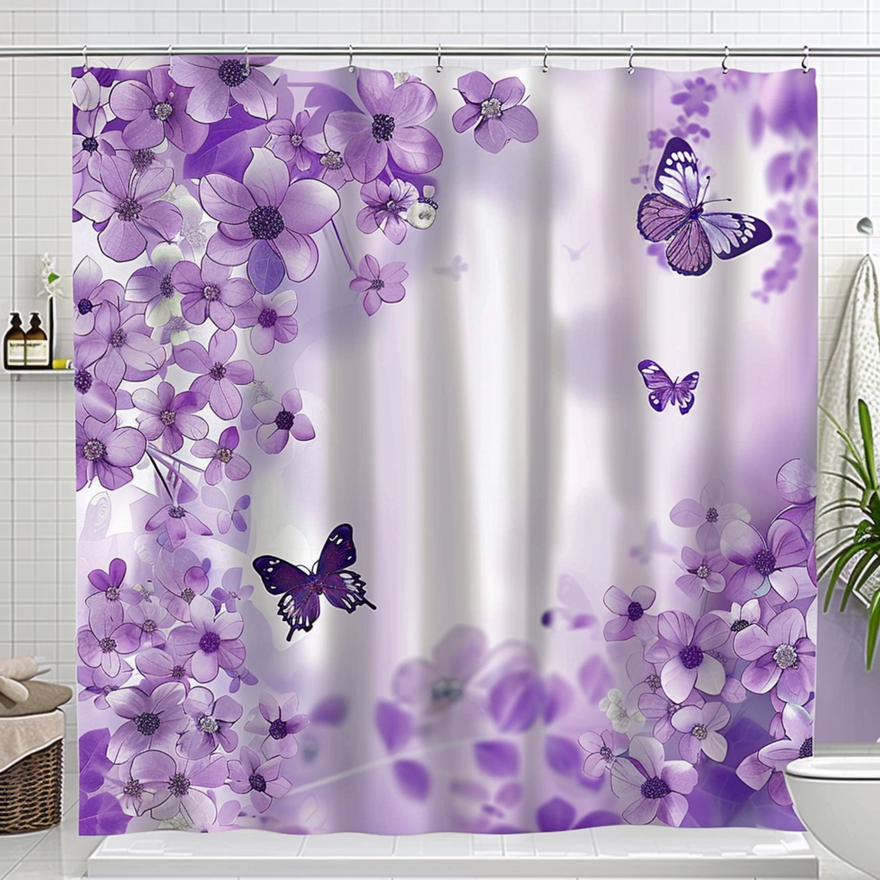 Purple Flowers and Butterflies Shower Curtain Set Bathroom Accessories ...